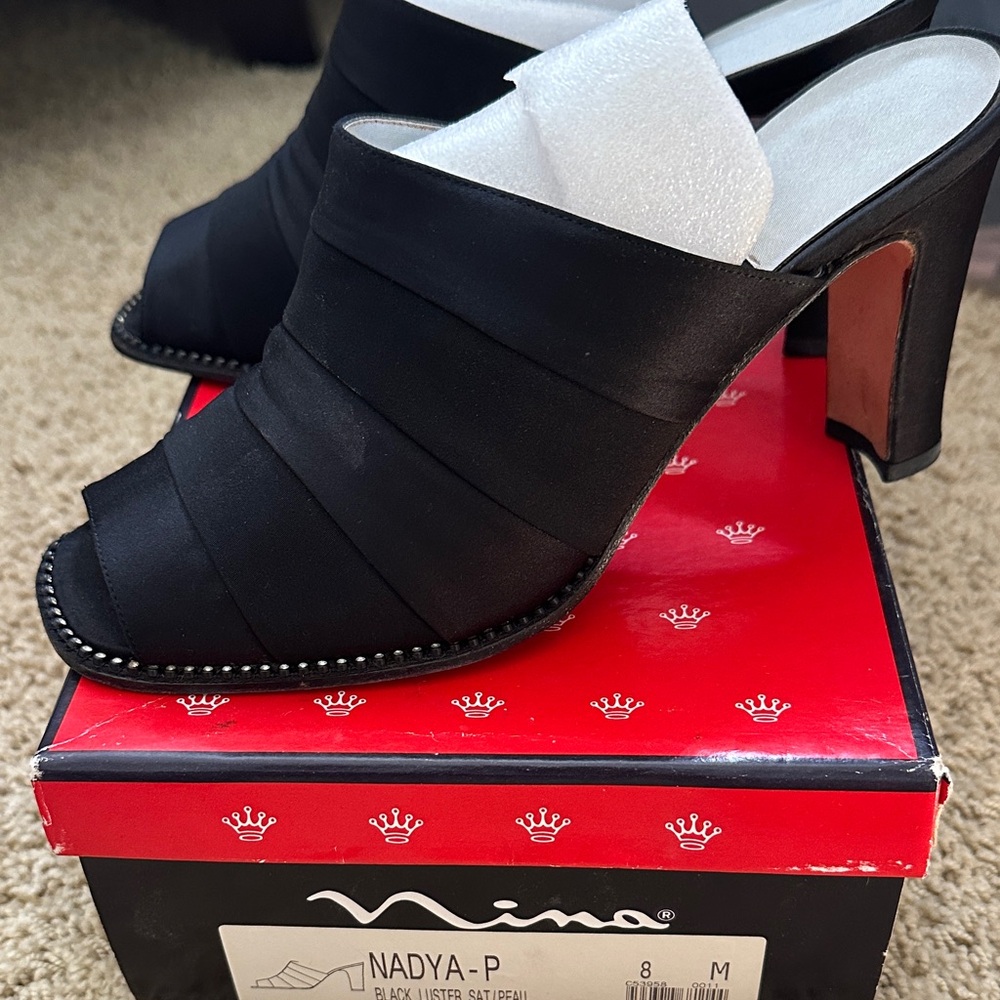 Nina Black Peep-Toe Layered Mule Heels